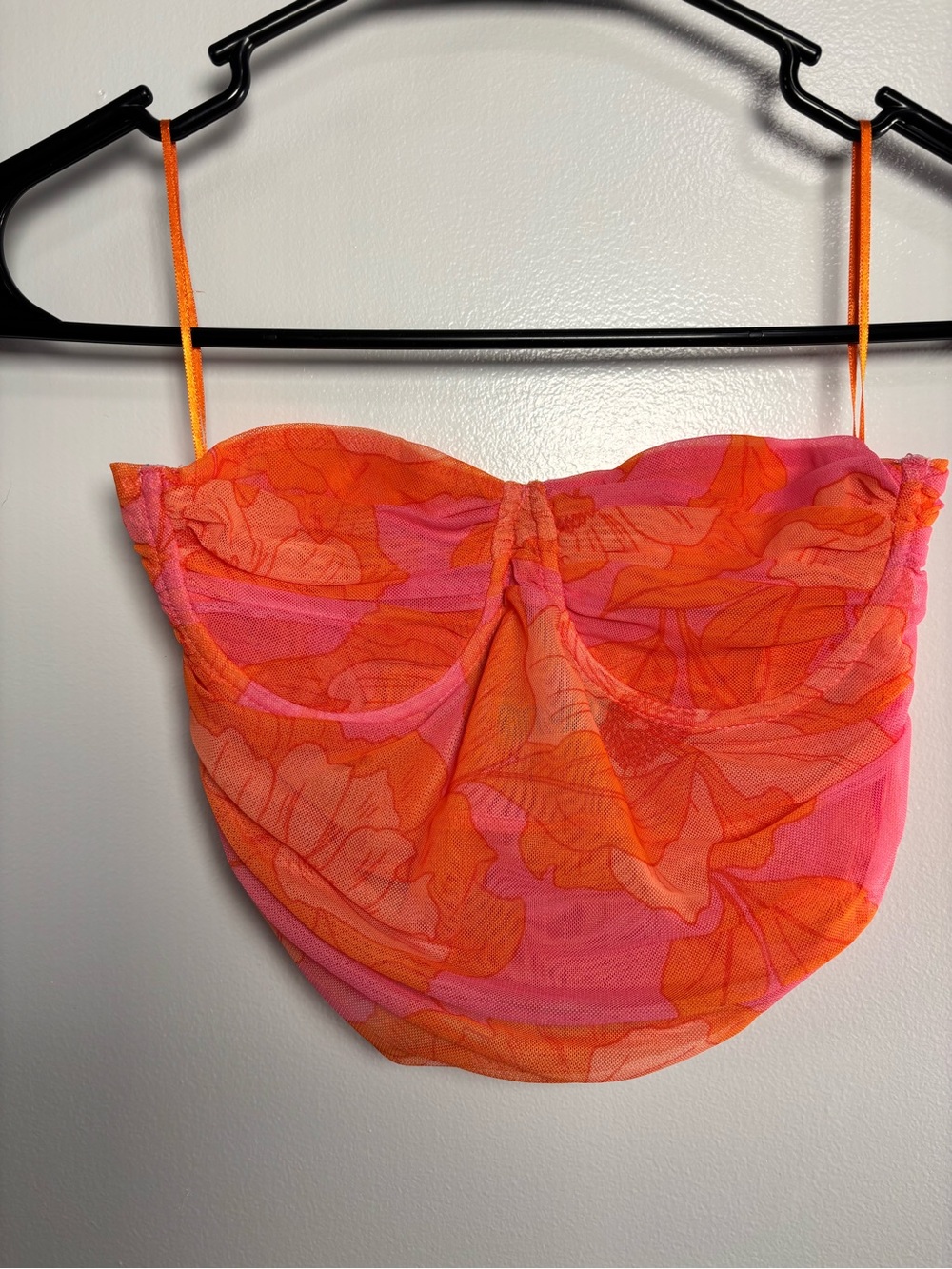 Zara Strapless Pink and Orange Floral Mesh Bandeau Crop Top